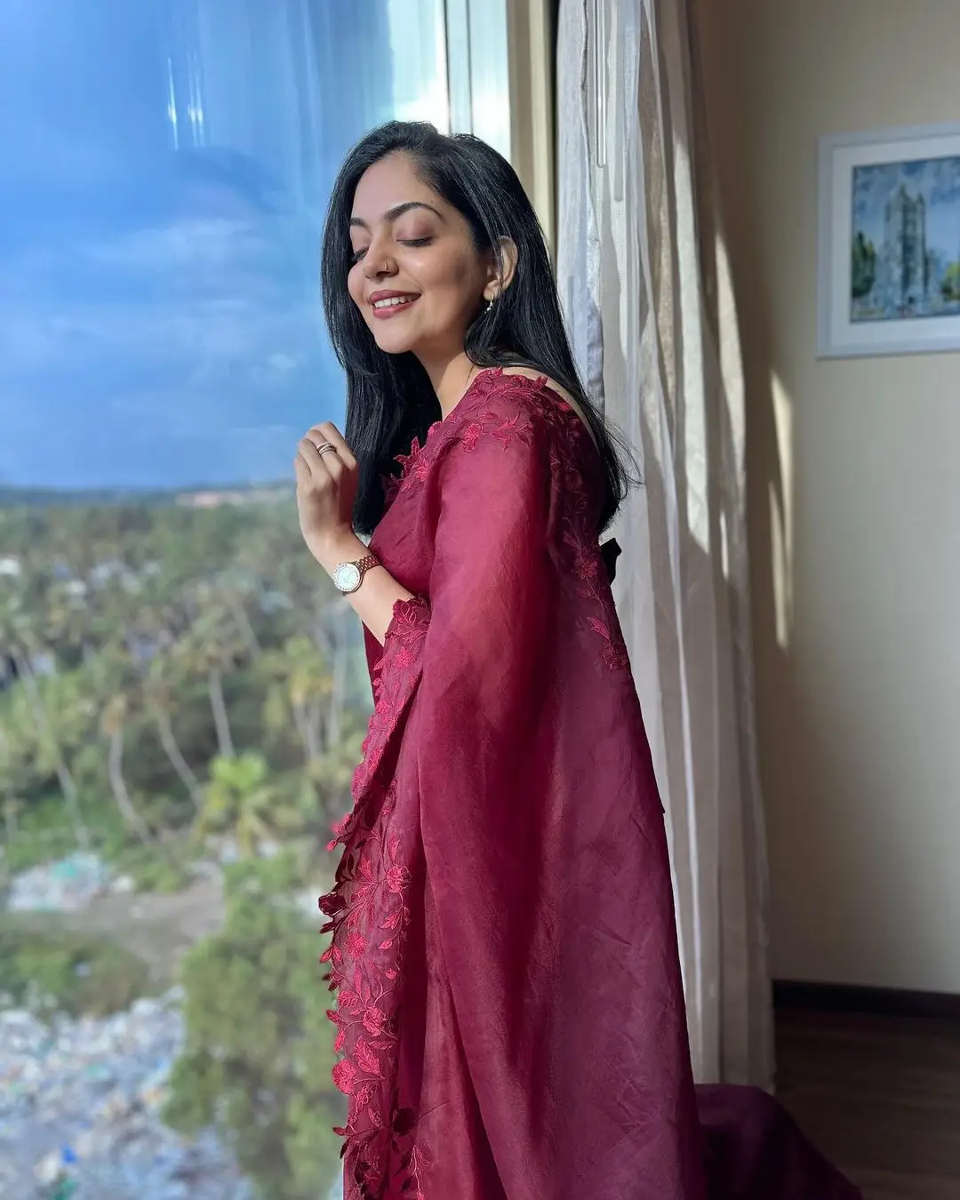 Ahaana Krishna in Maroon Saree Sleeveless Blouse